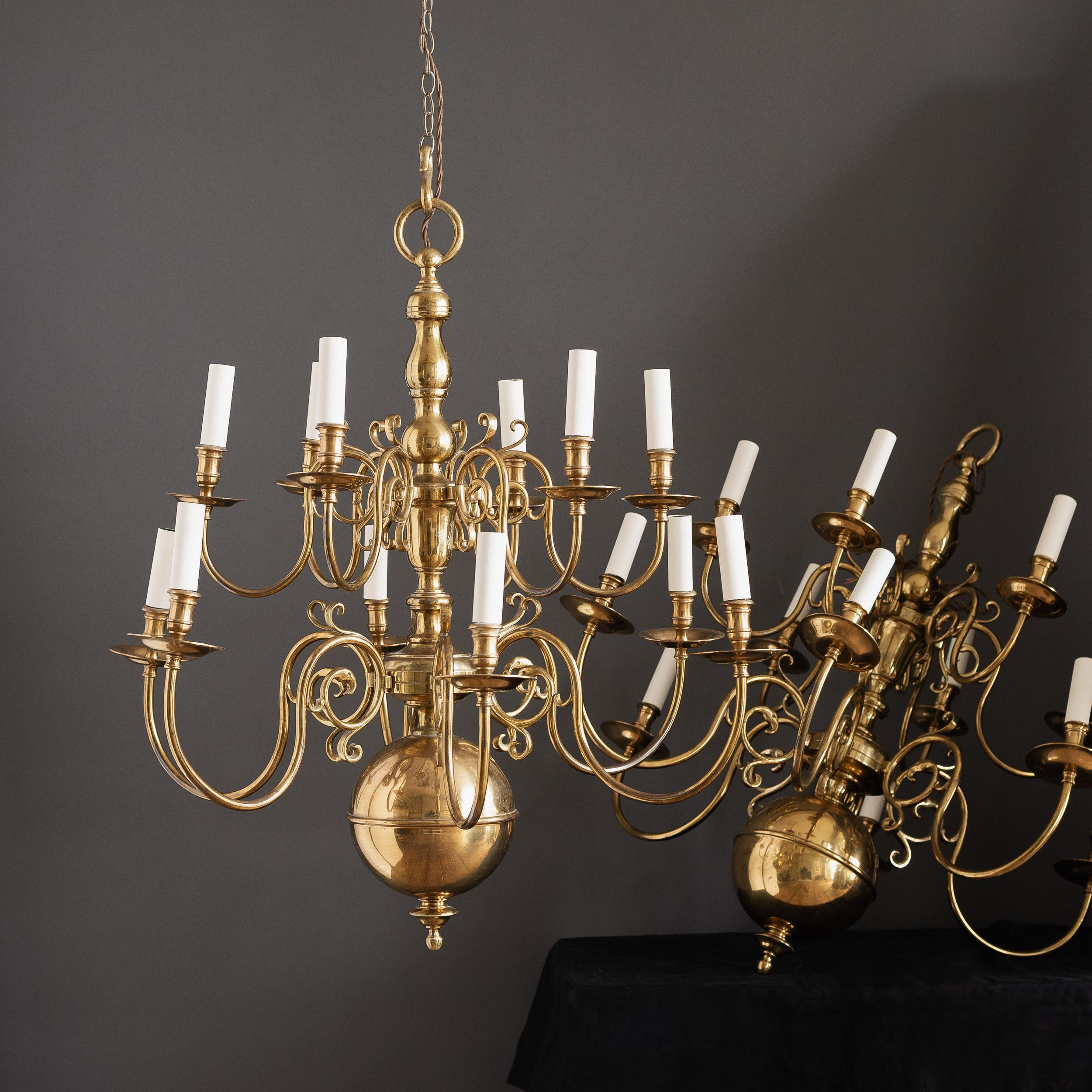 Pair of Dutch Style Brass Chandeliers For Sale 1