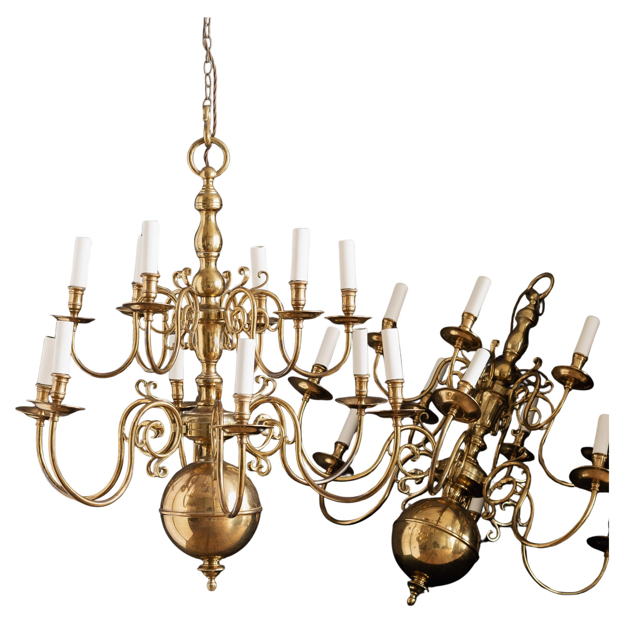 Pair of Dutch Style Brass Chandeliers For Sale