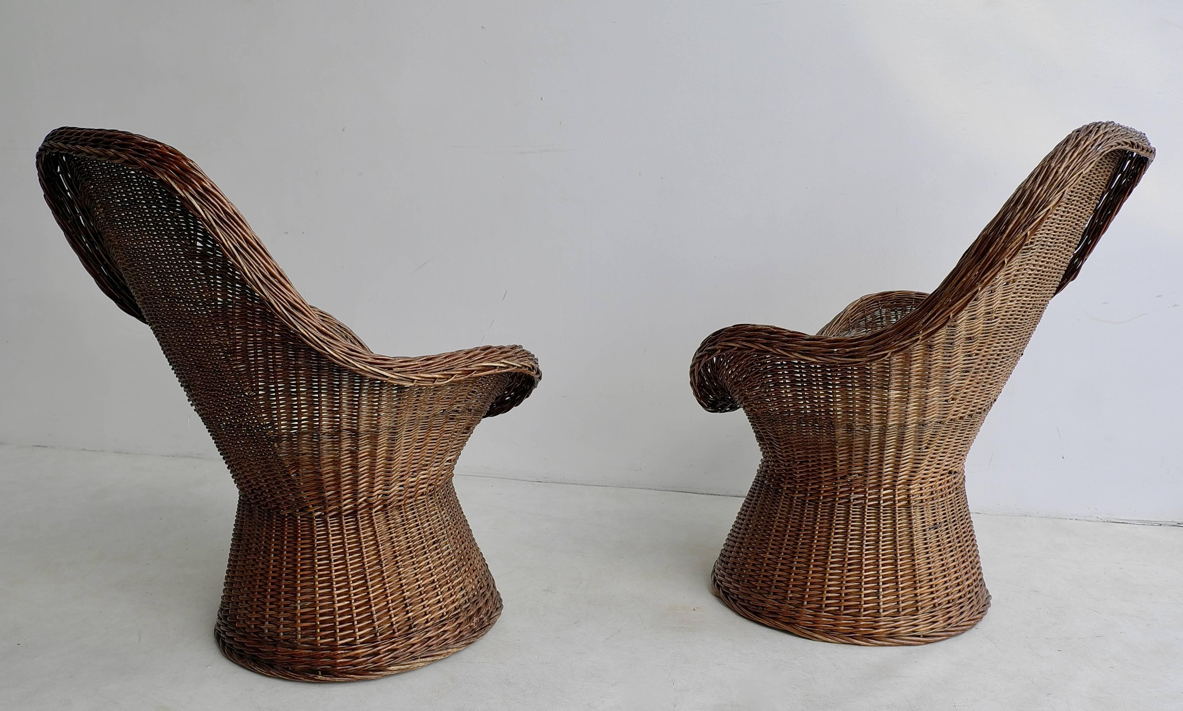 Mid-Century Modern Pair of Dutch Twined Willow Basket Chairs with Woolen Seats, 1960s