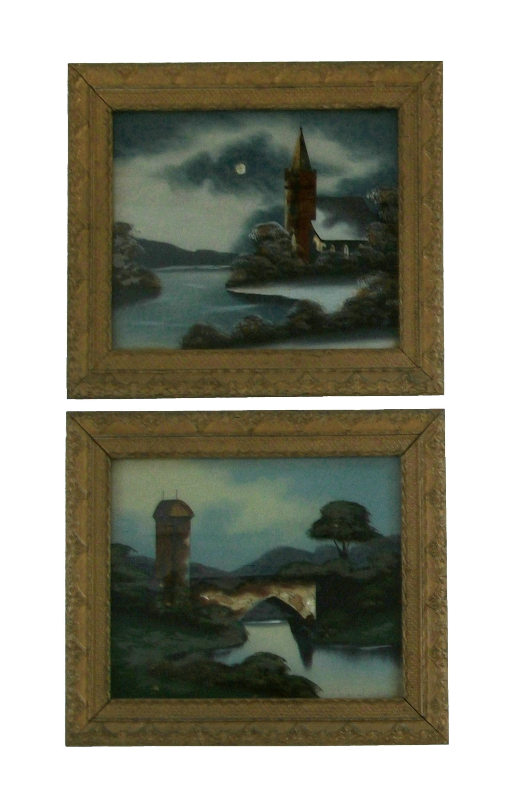 Fine and rare pair of antique Dutch Verre Églomisé reverse oil paintings on glass panels - featuring moody landscapes with a castle and church, having areas with inset mother-of-pearl (bridge, church windows and moon) - unsigned - contained in the