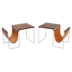 Pair of Dutch Wood Chrome & Leather Side Tables