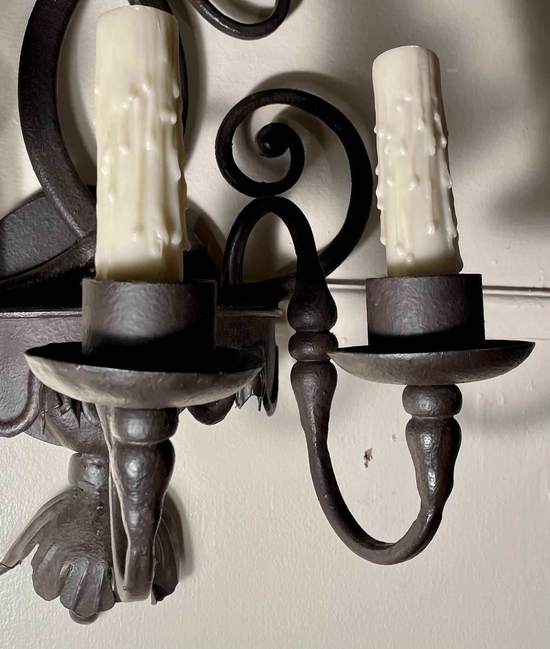 20th Century Pair of Dutch Wrough Iron Wall Sconces For Sale