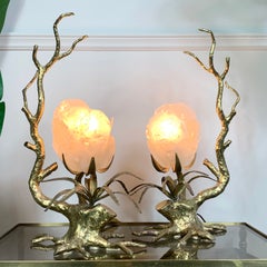 Pair of Duval Brasseur Bronze Coral Table Lights with Capiz Shell Shades