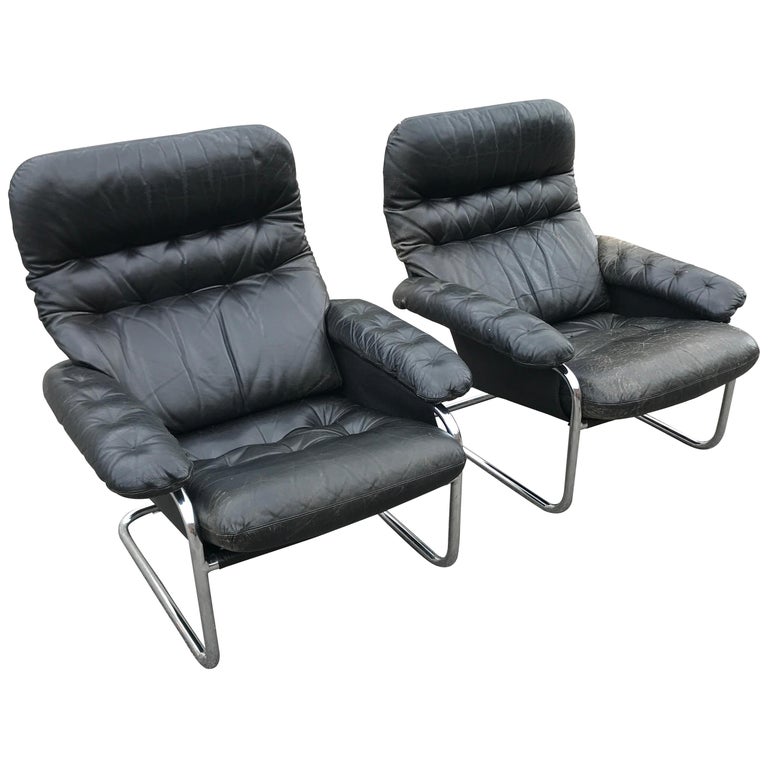 Pair of Sam Larsson DUX Lounge Cantilever Leather Chairs from 1972 For Sale