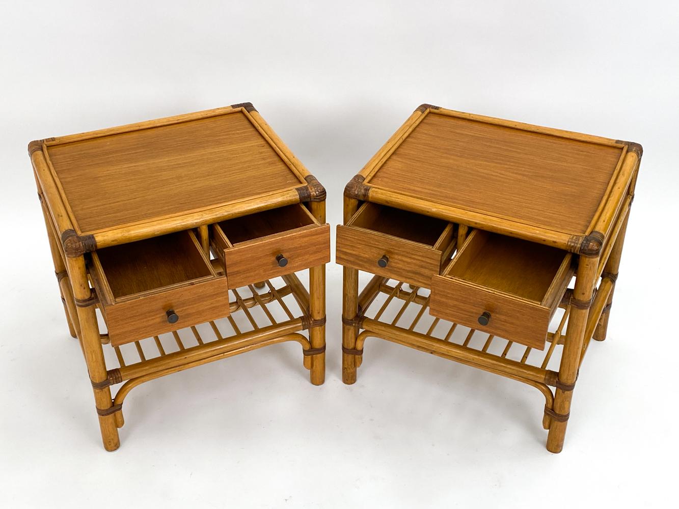 Scandinavian Modern Pair of DUX Swedish Mid-Century Bamboo & Rattan End Tables or Nightstands For Sale
