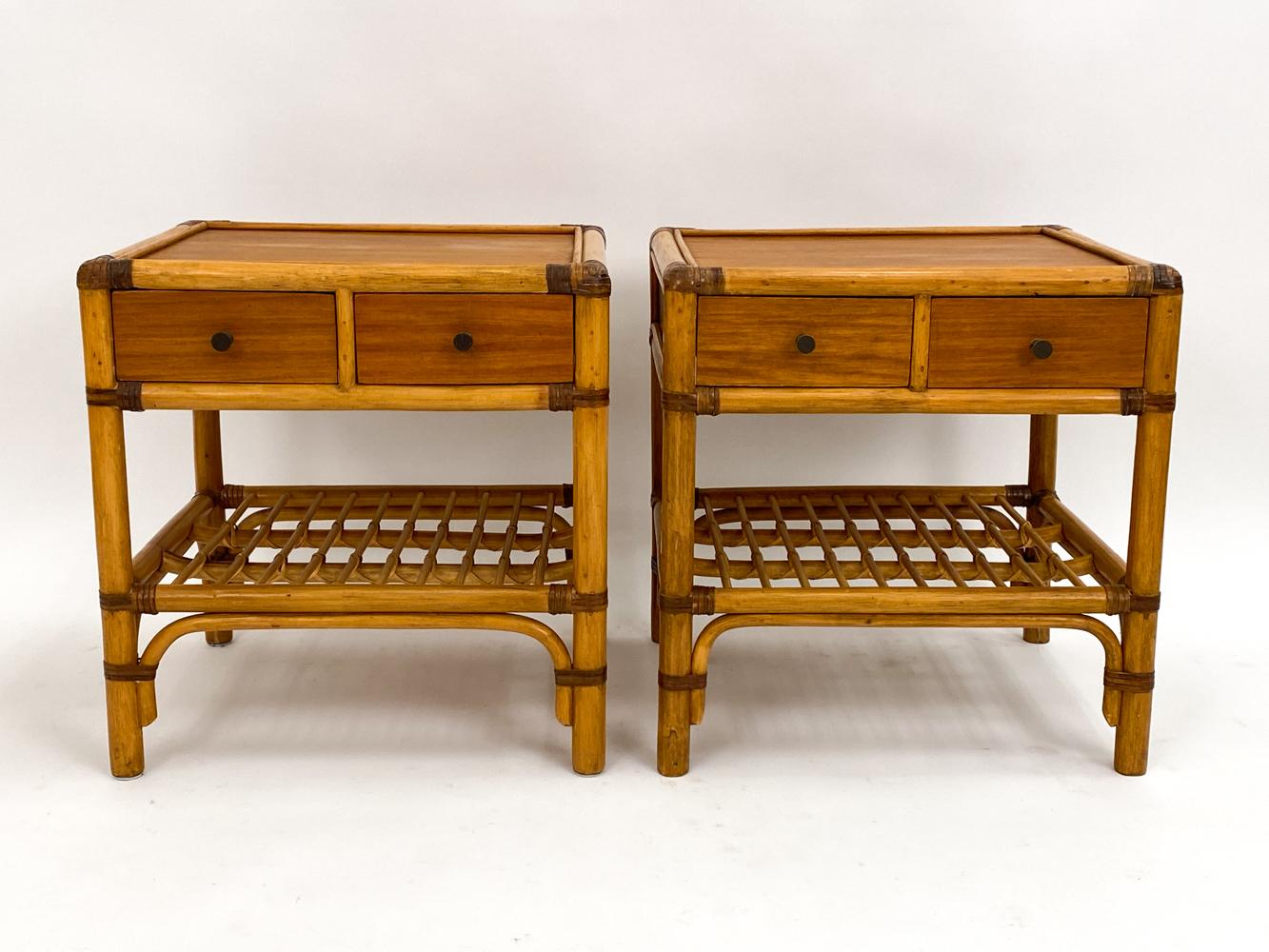 20th Century Pair of DUX Swedish Mid-Century Bamboo & Rattan End Tables or Nightstands For Sale