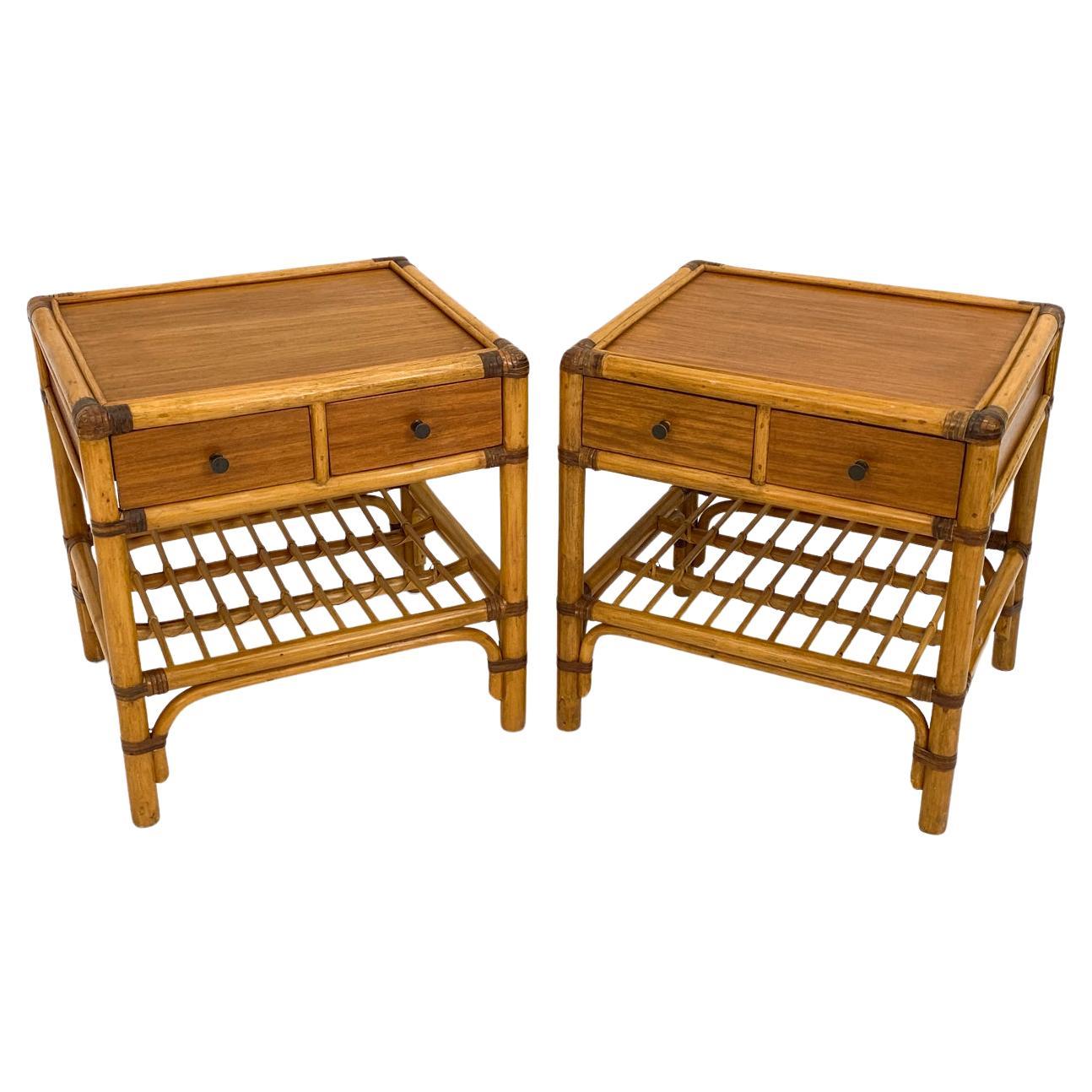 Pair of DUX Swedish Mid-Century Bamboo & Rattan End Tables or Nightstands For Sale