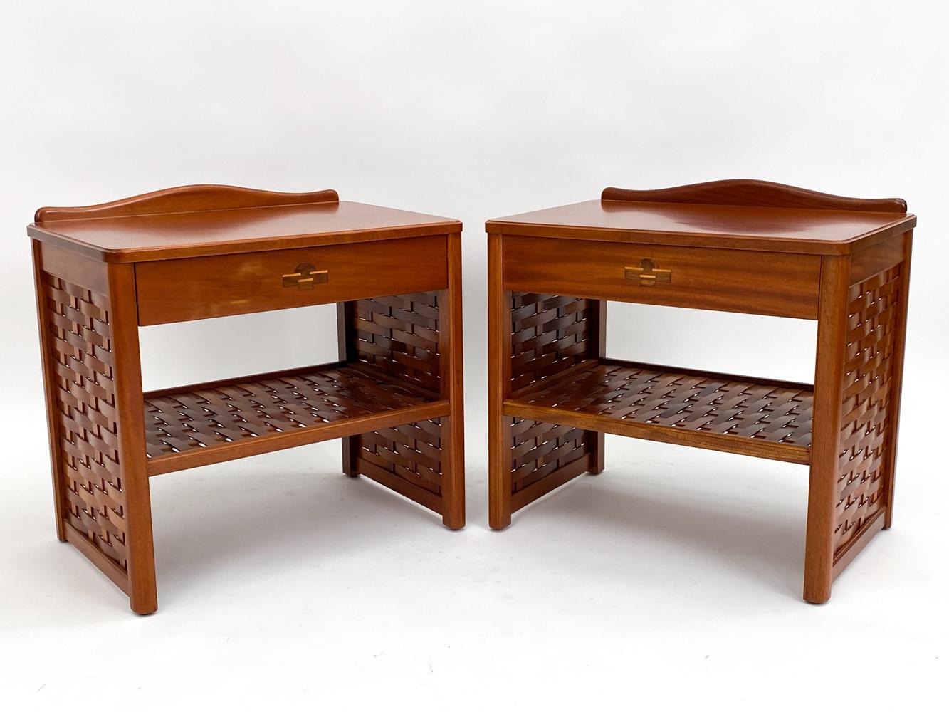 Scandinavian Modern Pair of DUX Swedish Mid-Century Basket-Woven Mahogany End Tables/Nightstands For Sale