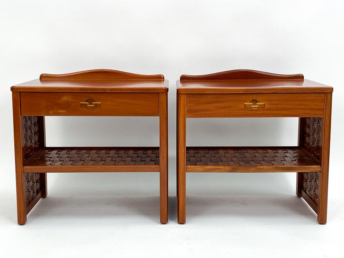 20th Century Pair of DUX Swedish Mid-Century Basket-Woven Mahogany End Tables/Nightstands For Sale