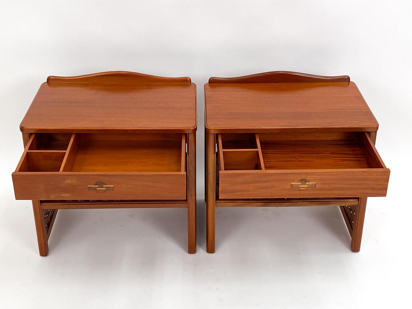 Pair of DUX Swedish Mid-Century Basket-Woven Mahogany End Tables/Nightstands For Sale 1
