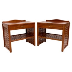 Pair of DUX Swedish Mid-Century Basket-Woven Mahogany End Tables/Nightstands