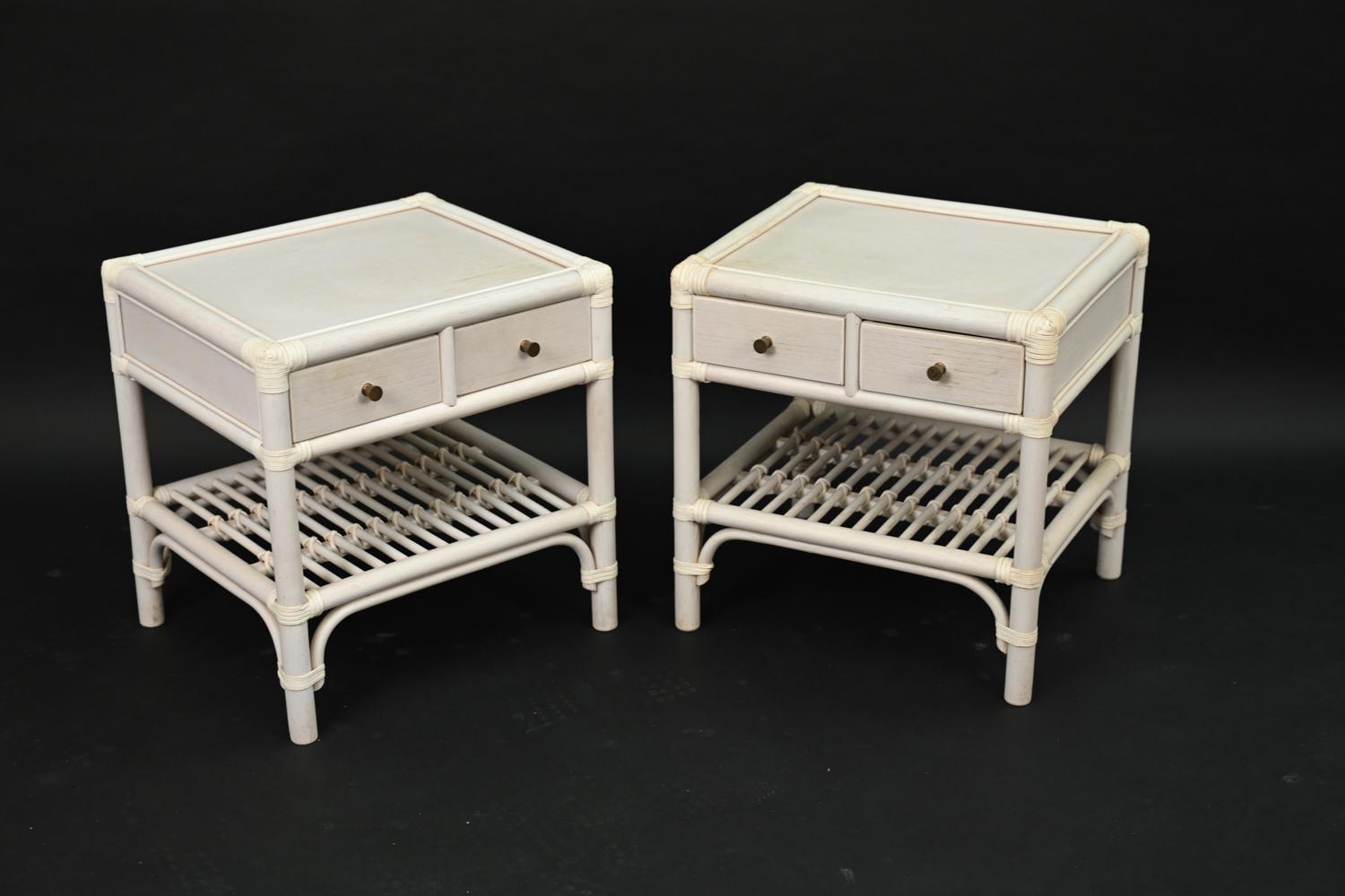 Mid-Century Modern Pair of DUX White-Painted Rattan End Tables / Nightstands