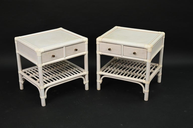 Mid-Century Modern Pair of DUX White-Painted Rattan End Tables / Nightstands For Sale