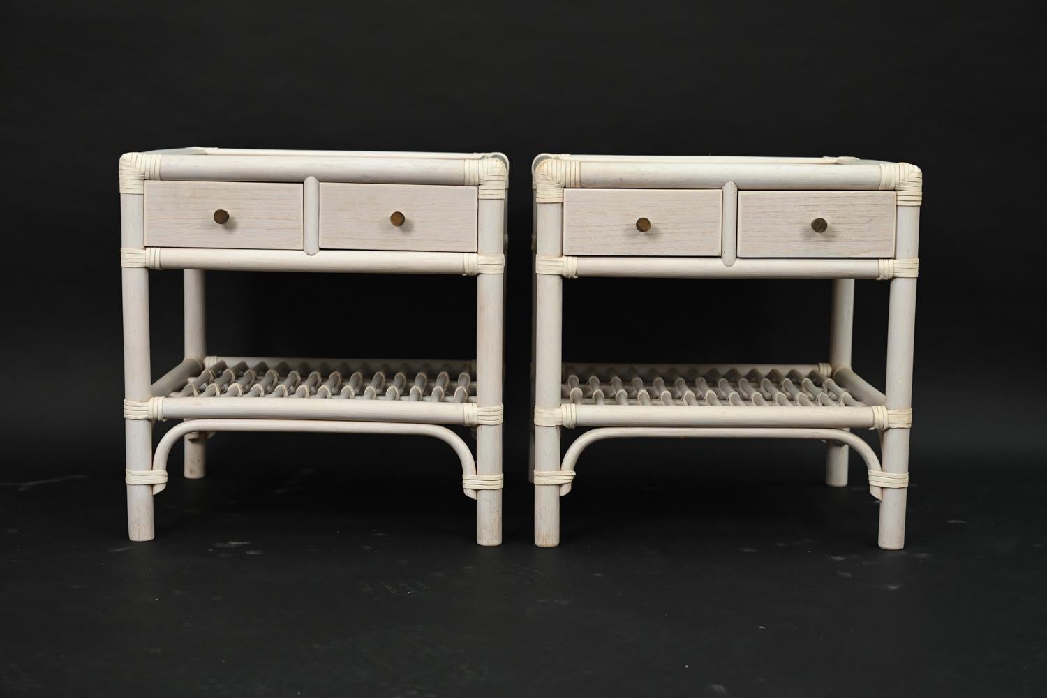 Swedish Pair of DUX White-Painted Rattan End Tables / Nightstands