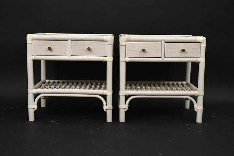 Swedish Pair of DUX White-Painted Rattan End Tables / Nightstands For Sale