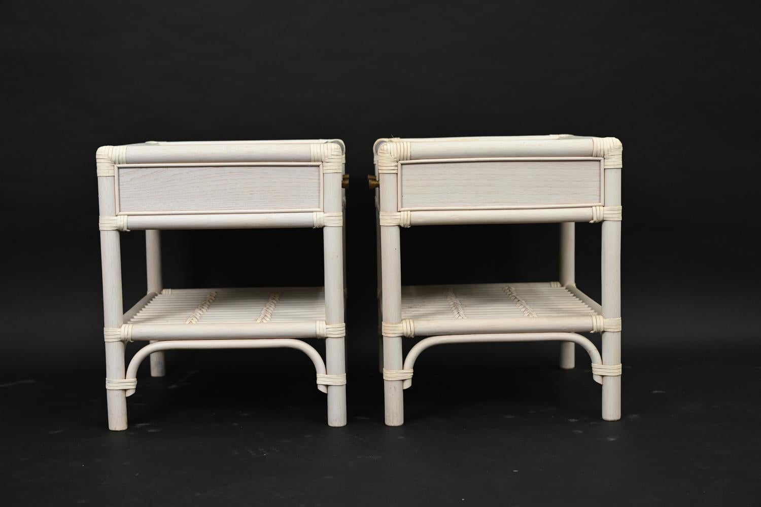 Pair of DUX White-Painted Rattan End Tables / Nightstands In Good Condition In Norwalk, CT