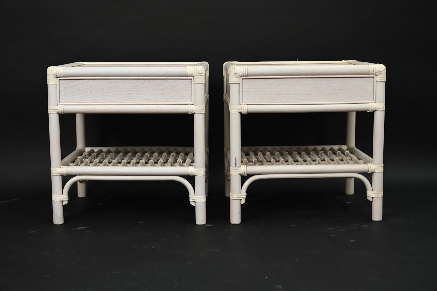 20th Century Pair of DUX White-Painted Rattan End Tables / Nightstands