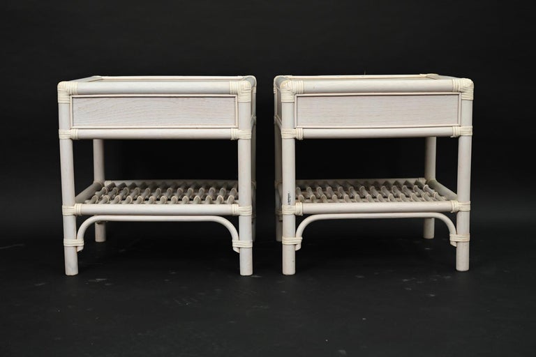 20th Century Pair of DUX White-Painted Rattan End Tables / Nightstands For Sale