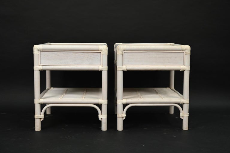 Pair of DUX White-Painted Rattan End Tables / Nightstands For Sale 1