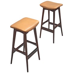Pair of Bar Stools in Rosewood and Faux Leather by Johannes Andersen, 1950s