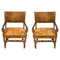 Pair of E. 19thc English Hand Carved Barley Twist And Suede Arm Chairs