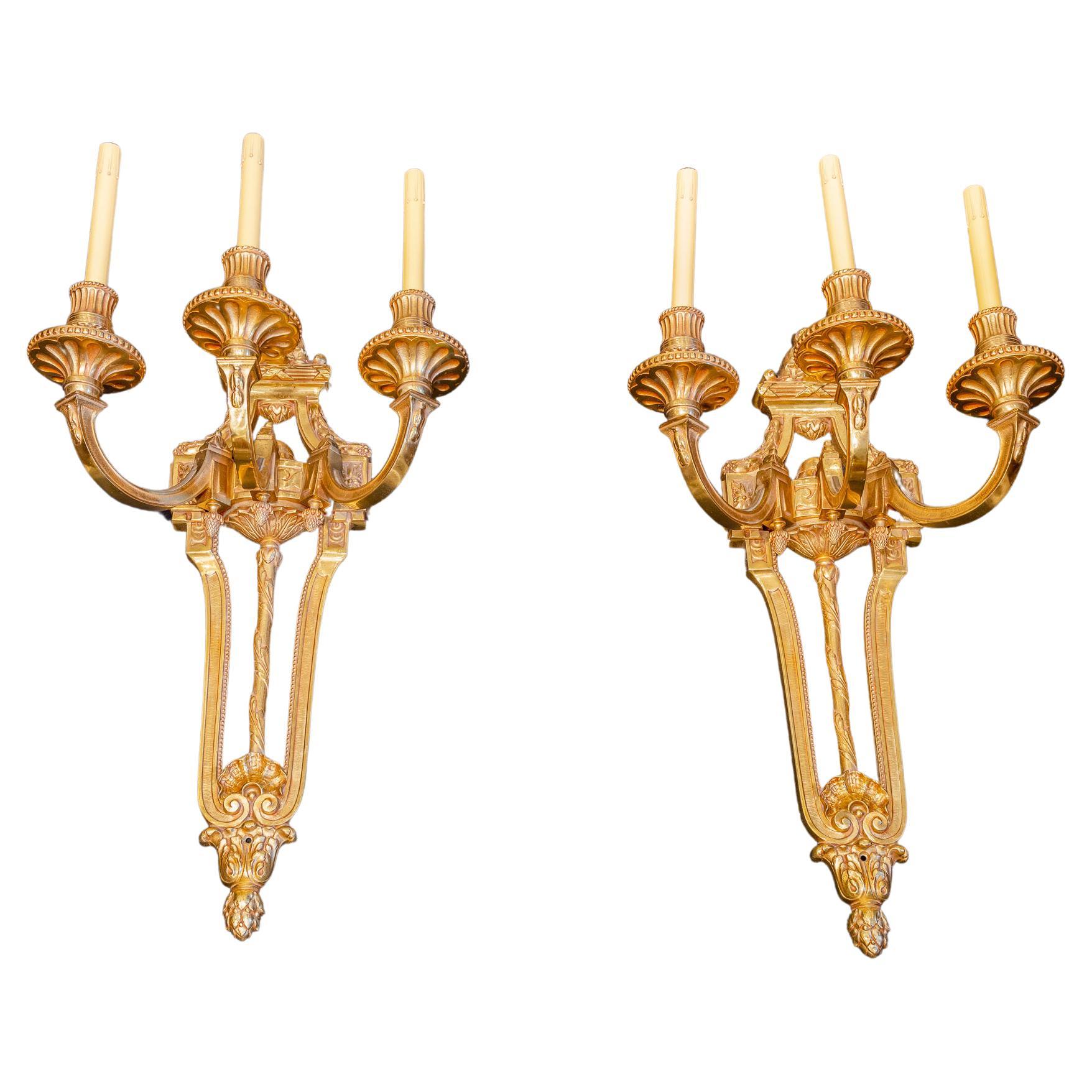 Pair of E 20th C Empire Gilt Bronze Large Sconces, Removed from Paris Theatre For Sale