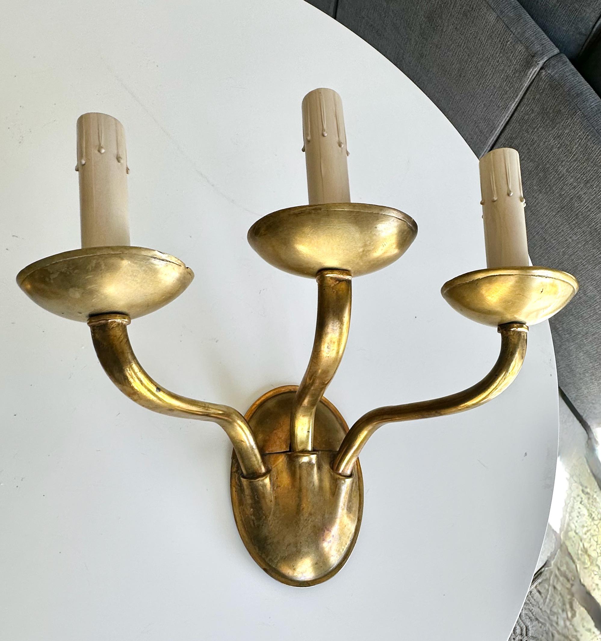 Pair of E F Caldwell Arts & Crafts Three-Arm Brass Wall Sconces In Good Condition For Sale In Palm Springs, CA