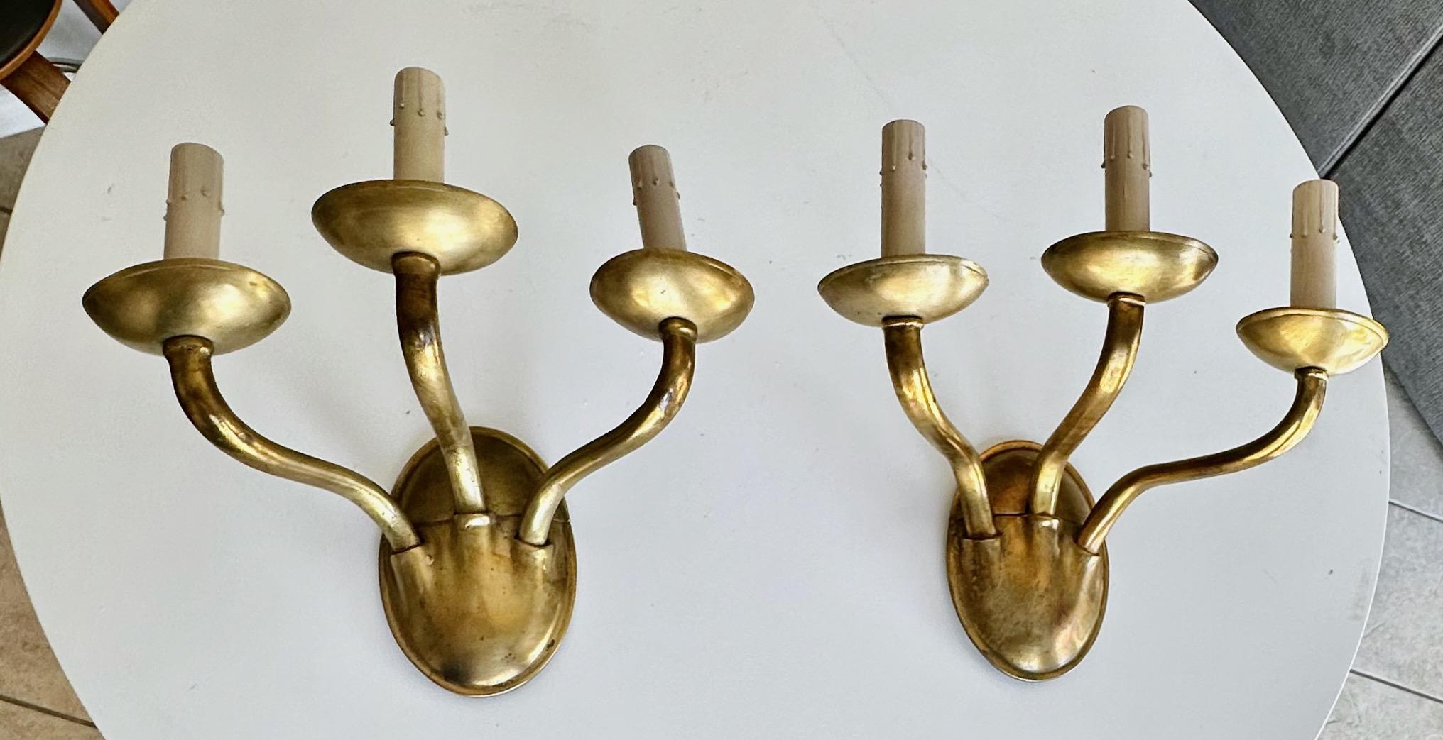 Pair of E F Caldwell Arts & Crafts Three-Arm Brass Wall Sconces For Sale 3