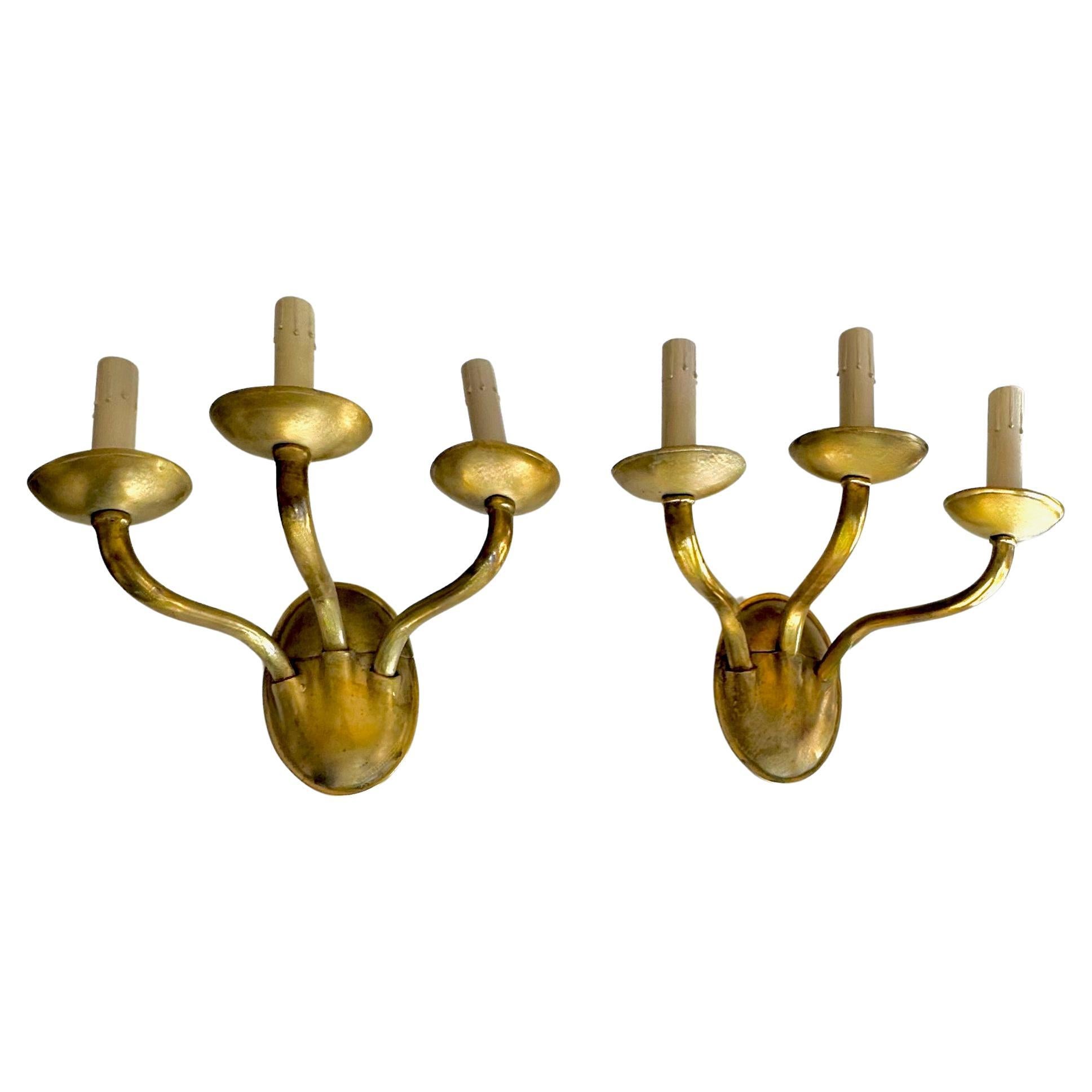 Pair of E F Caldwell Arts & Crafts Three-Arm Brass Wall Sconces For Sale