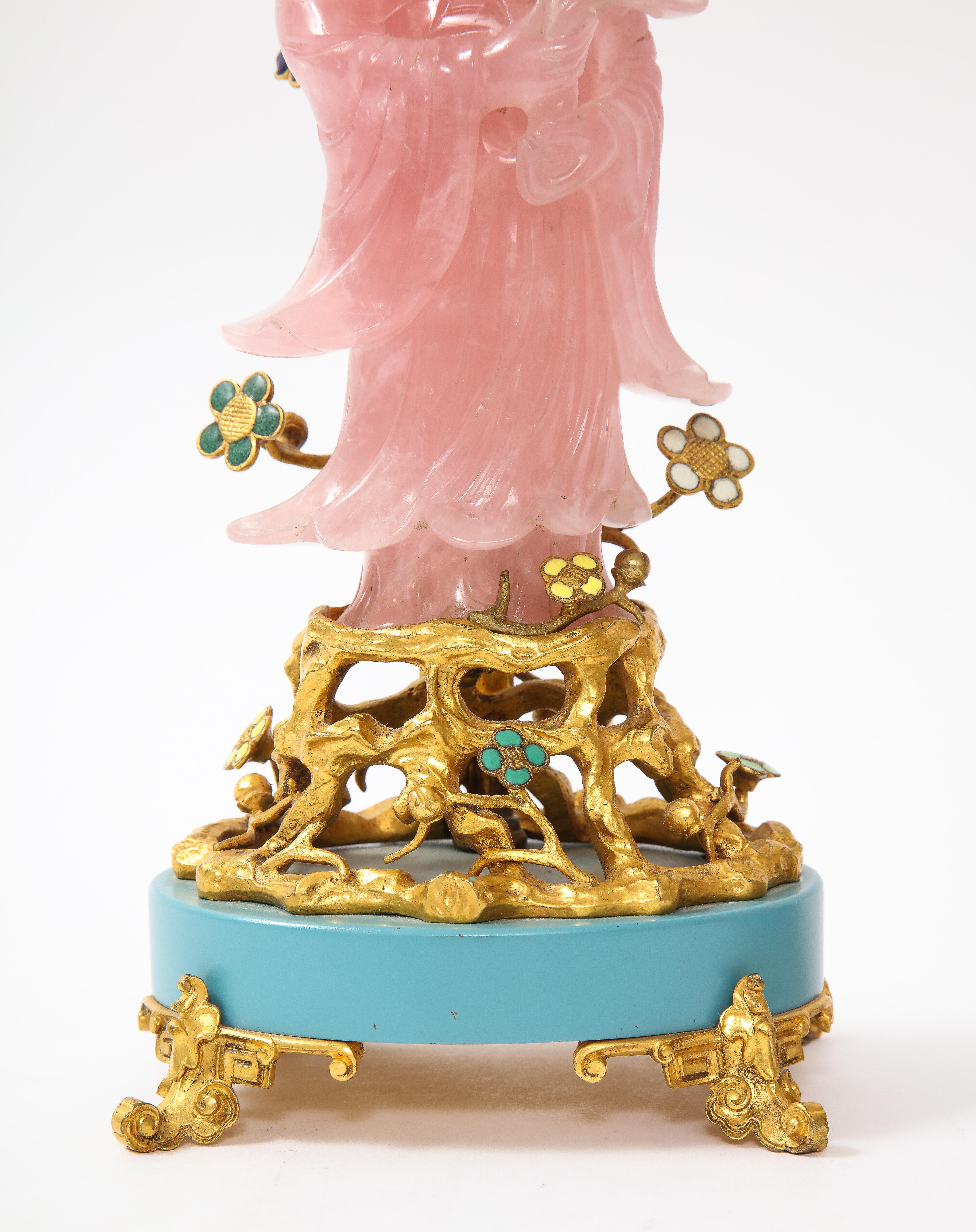 Coppia di E. F. A. Caldwell & Co. Dore Bronze Mtd. Lampade intagliate in quarzo rosa e smalto in vendita 6