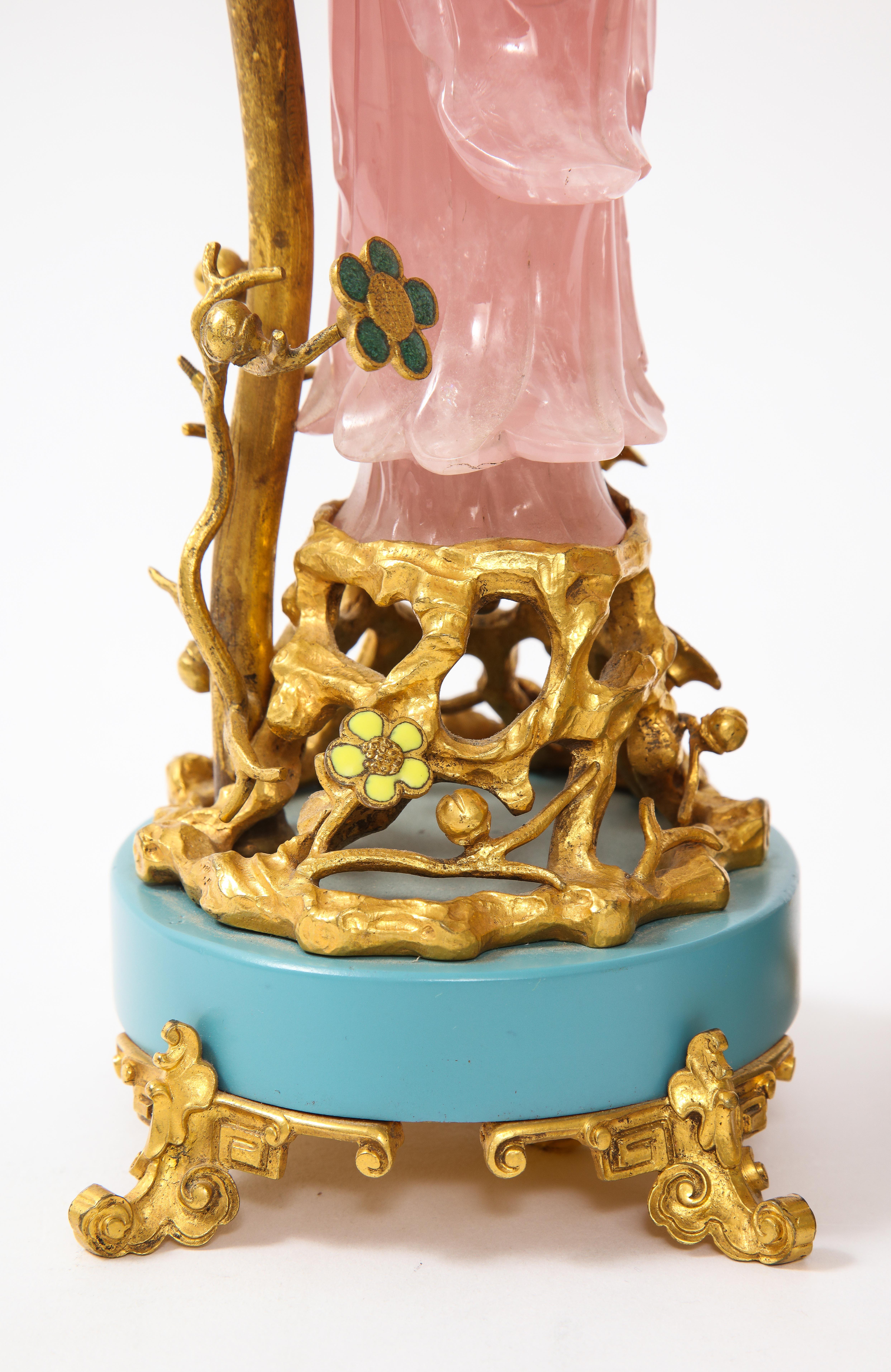 Coppia di E. F. A. Caldwell & Co. Dore Bronze Mtd. Lampade intagliate in quarzo rosa e smalto in vendita 7