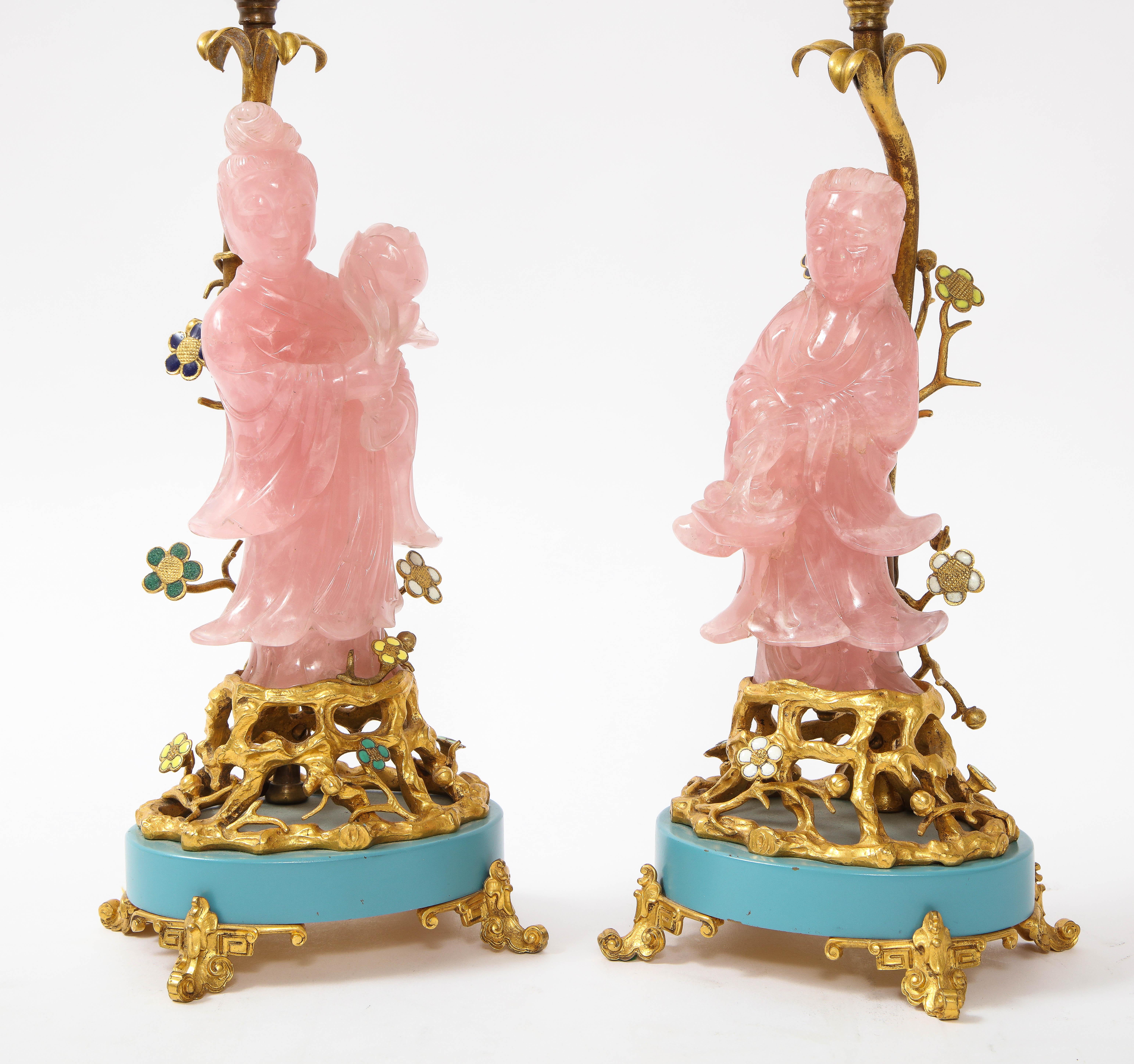 Louis XVI Pair of E. F. Caldwell & Co. Dore Bronze Mtd. Carved Rose Quartz & Enamel Lamps For Sale