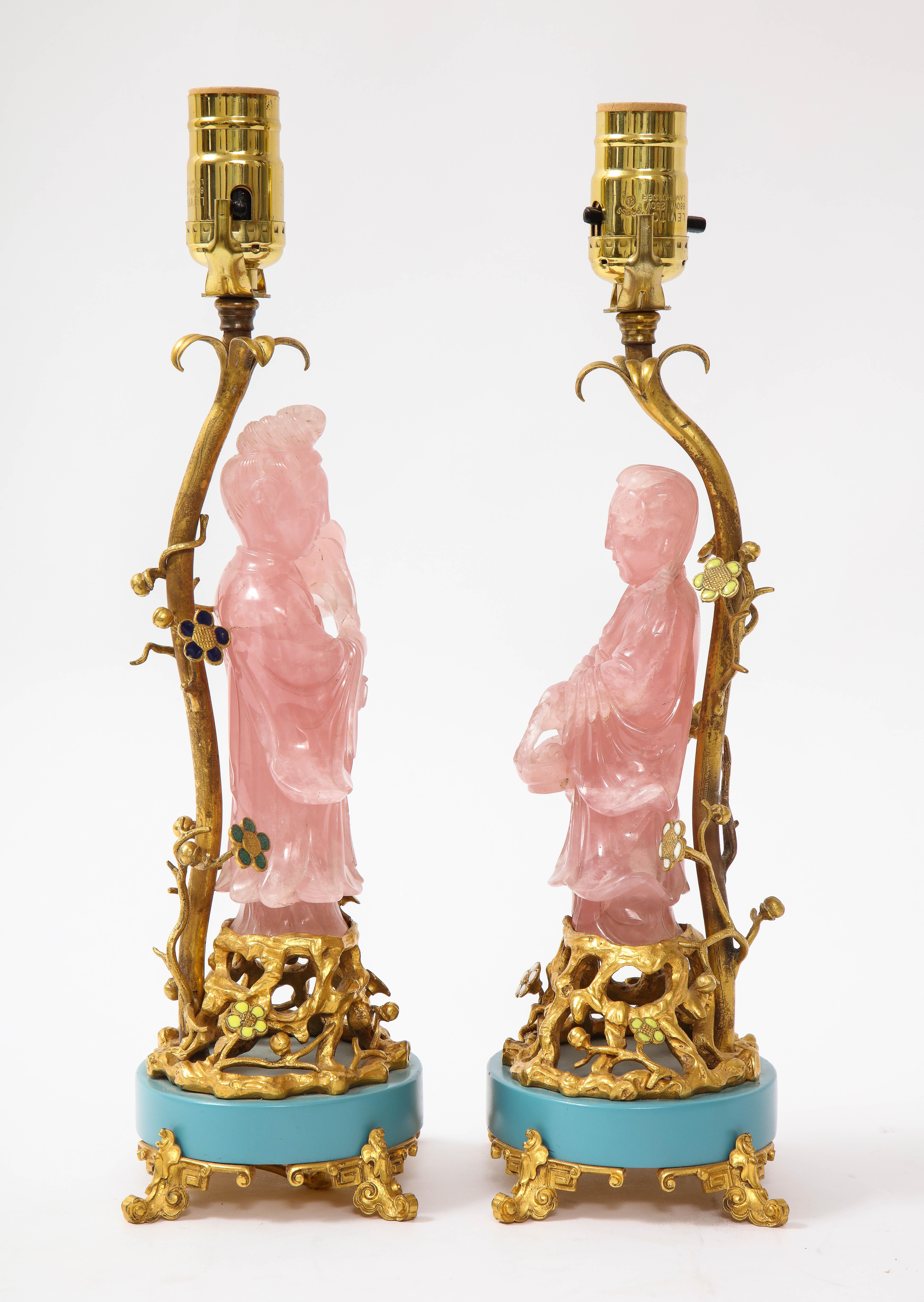 American Pair of E. F. Caldwell & Co. Dore Bronze Mtd. Carved Rose Quartz & Enamel Lamps For Sale