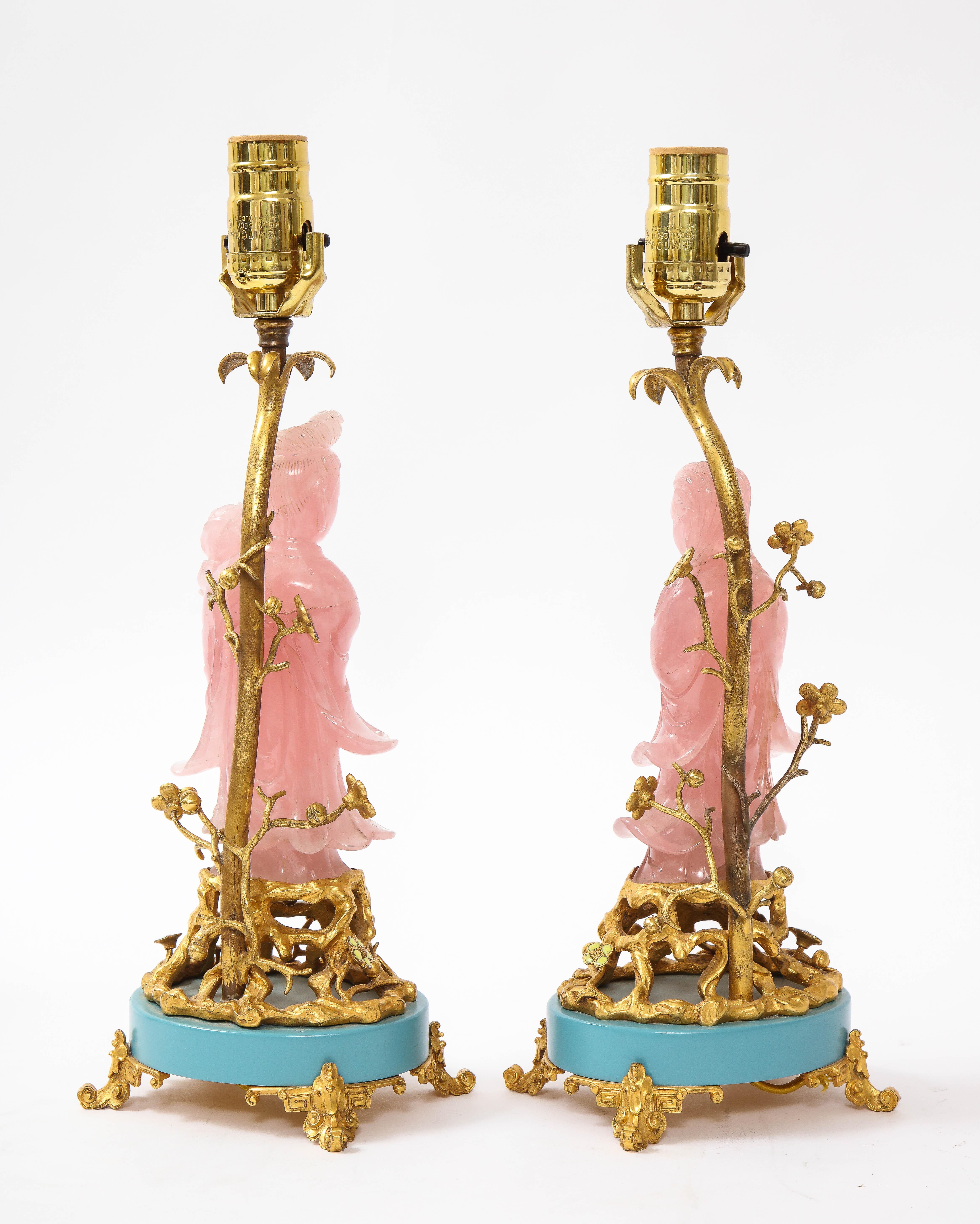 Gilt Pair of E. F. Caldwell & Co. Dore Bronze Mtd. Carved Rose Quartz & Enamel Lamps For Sale