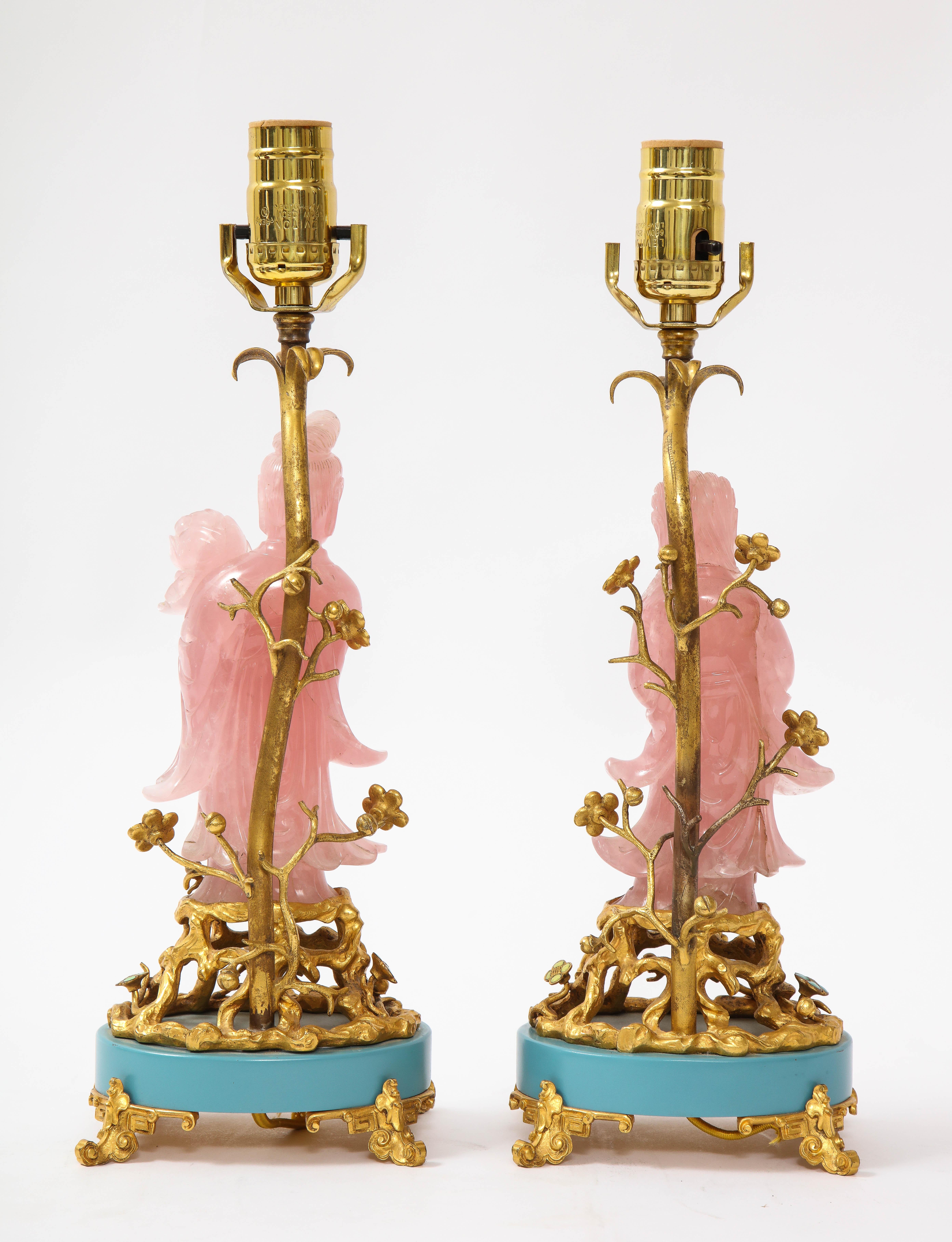 Pair of E. F. Caldwell & Co. Dore Bronze Mtd. Carved Rose Quartz & Enamel Lamps In Good Condition For Sale In New York, NY