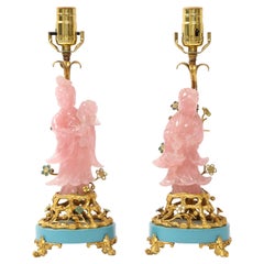 Used Pair of E. F. Caldwell & Co. Dore Bronze Mtd. Carved Rose Quartz & Enamel Lamps