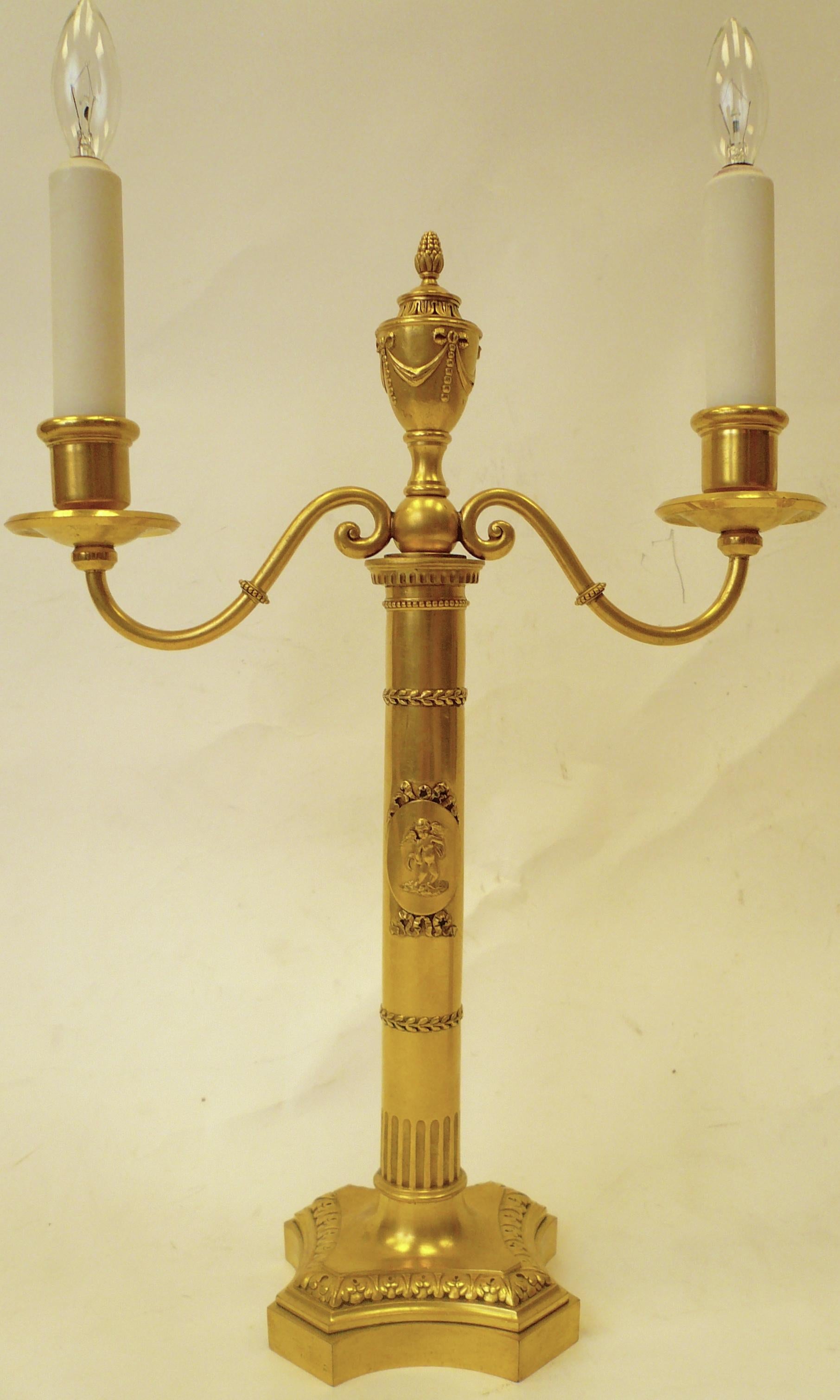 20th Century Pair of E. F. Caldwell Gilt Bronze Robert Adam Style Candelabra Form Lamps