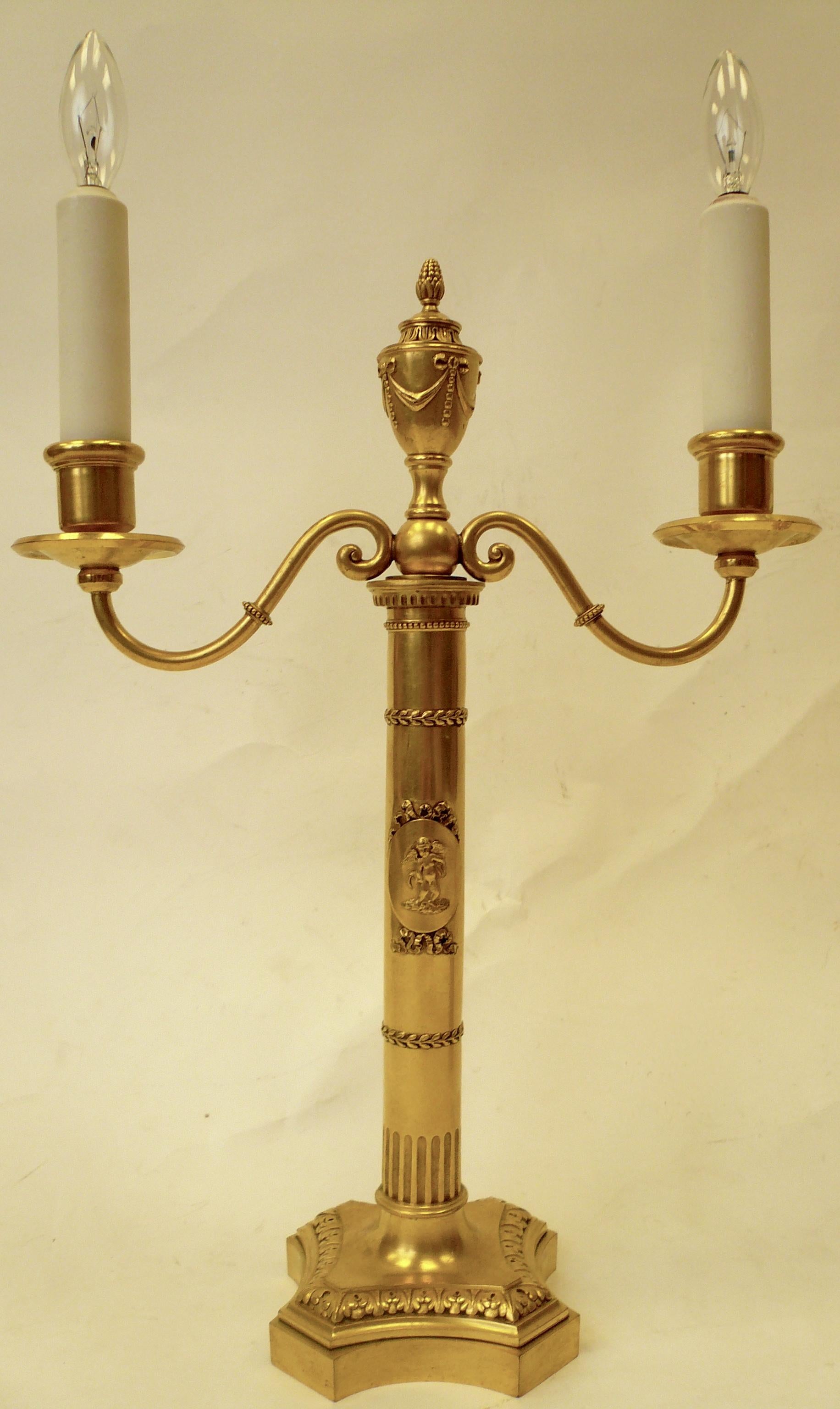 Pair of E. F. Caldwell Gilt Bronze Robert Adam Style Candelabra Form Lamps 1