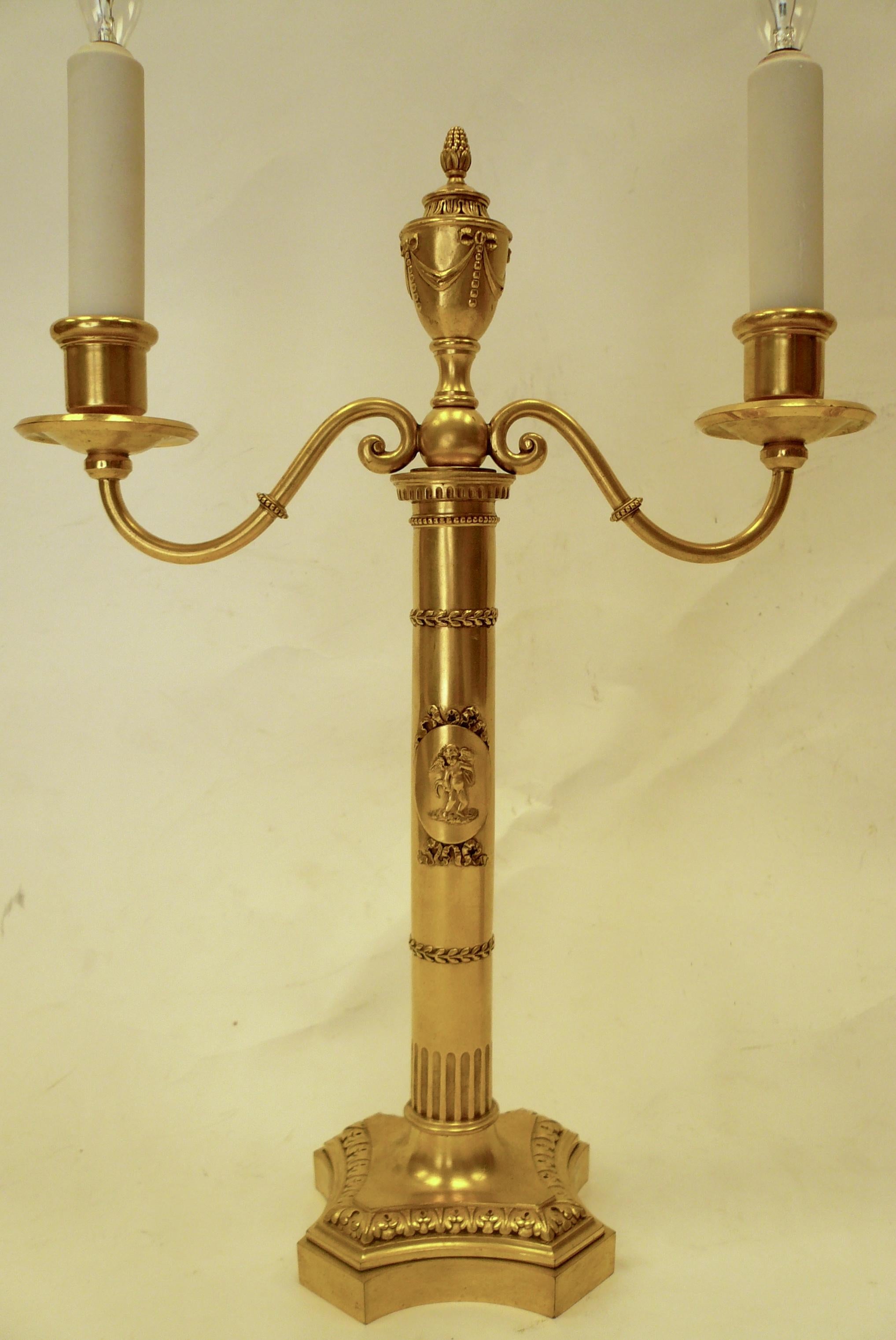 Pair of E. F. Caldwell Gilt Bronze Robert Adam Style Candelabra Form Lamps 2