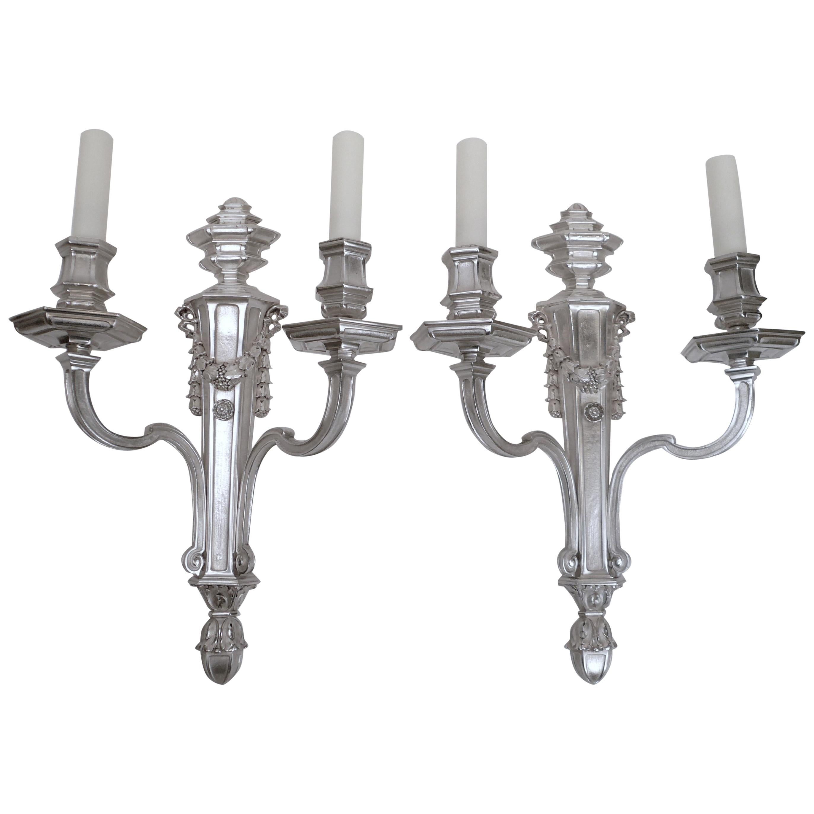 Pair of E. F. Caldwell Silvered Bronze Two-Light Georgian Style Sconces For Sale
