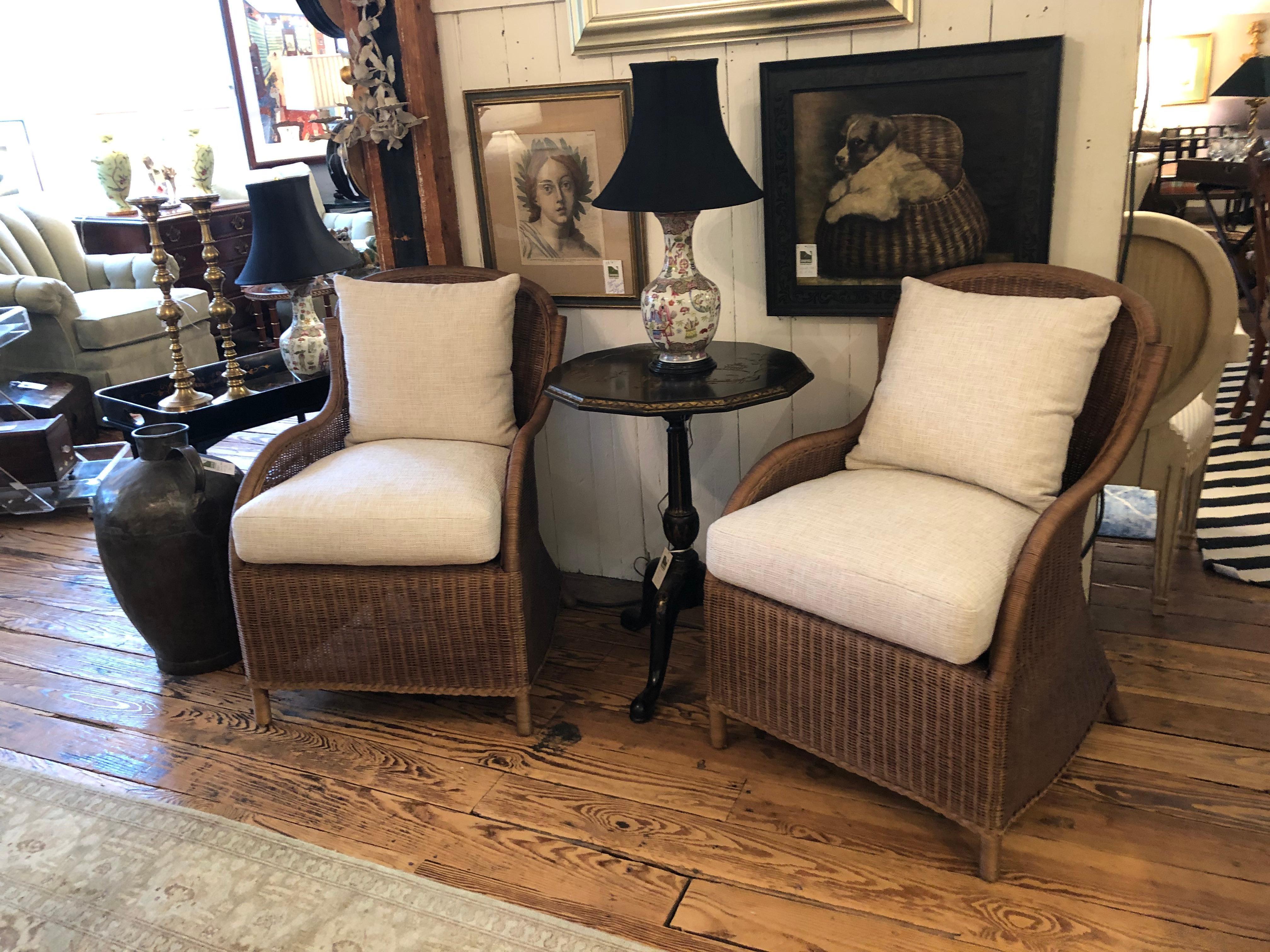 Pair of E J Victor Brown Wicker and Neutral Upholstered Seat & Back Cushions For Sale 4