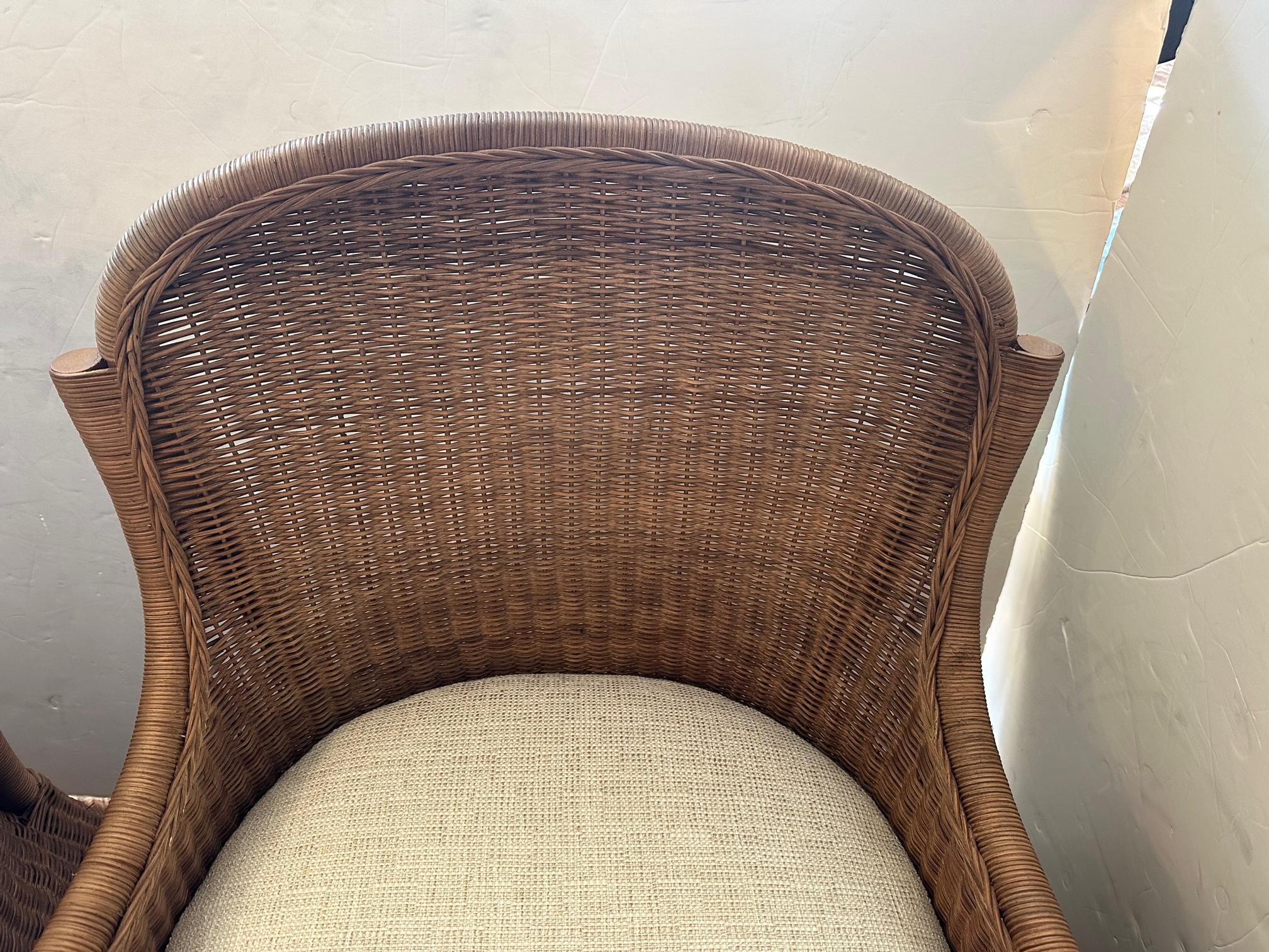 Pair of E J Victor Brown Wicker and Neutral Upholstered Seat & Back Cushions In Good Condition For Sale In Hopewell, NJ