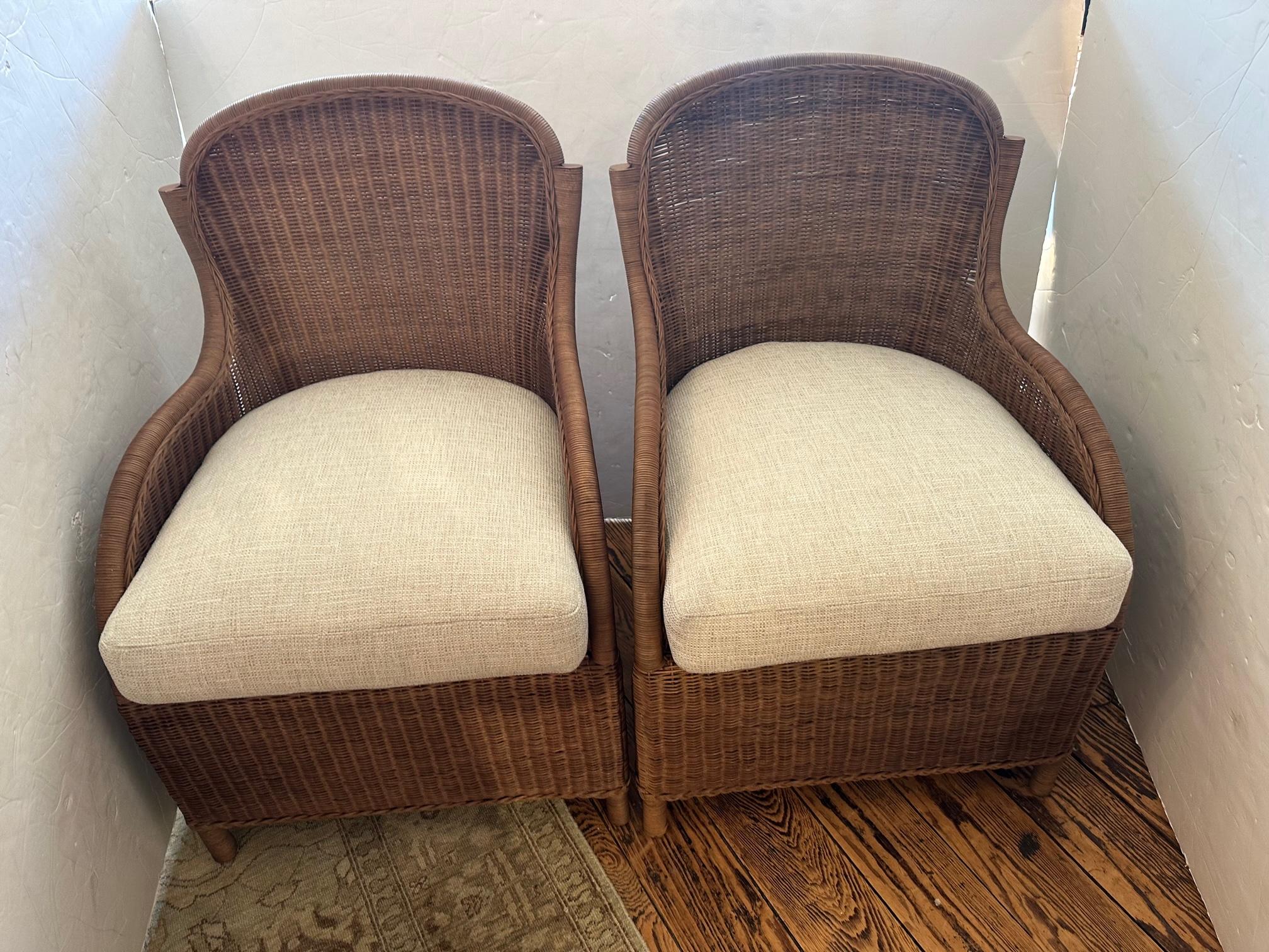 Contemporary Pair of E J Victor Brown Wicker and Neutral Upholstered Seat & Back Cushions For Sale