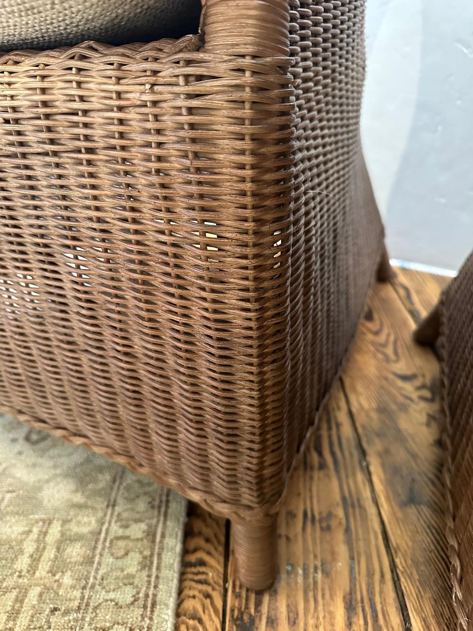Upholstery Pair of E J Victor Brown Wicker and Neutral Upholstered Seat & Back Cushions For Sale