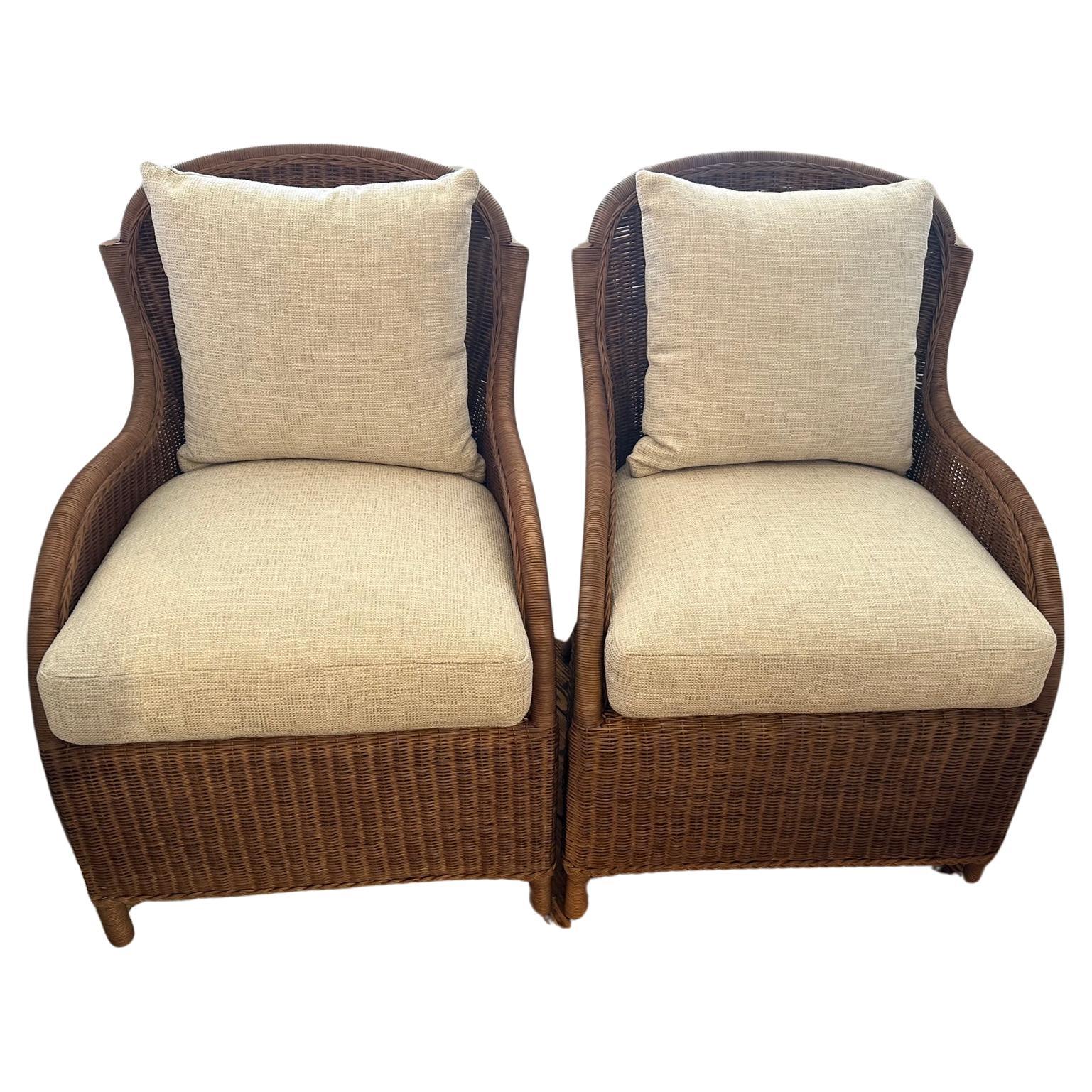 Pair of E J Victor Brown Wicker and Neutral Upholstered Seat & Back Cushions For Sale