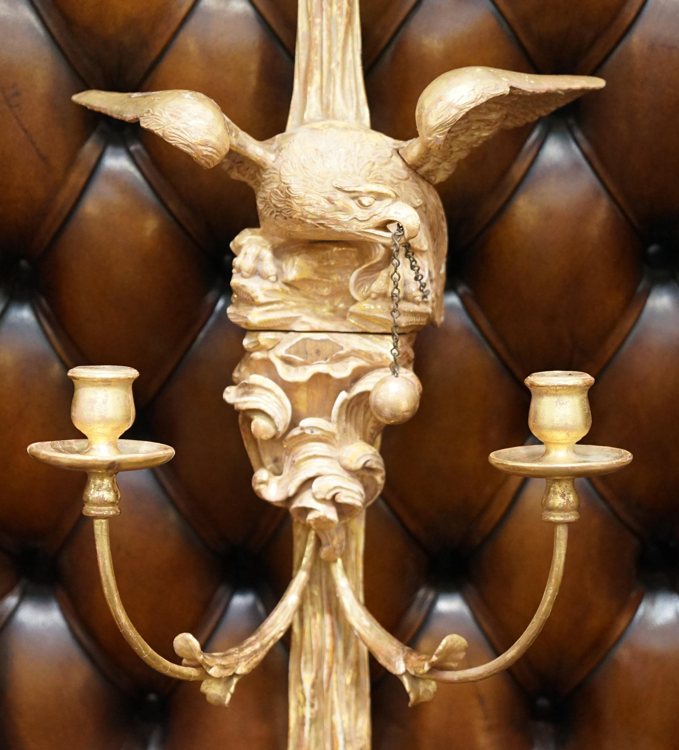 Pair of Eagle Carved Regency Empire Giltwood Twin Light Wall Appliques Sconces For Sale 10