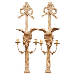 Pair of Eagle Carved Regency Empire Giltwood Twin Light Wall Appliques Sconces
