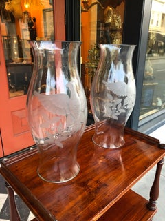 Pair of Eagle Motif Etched Glass Hurricane Shades