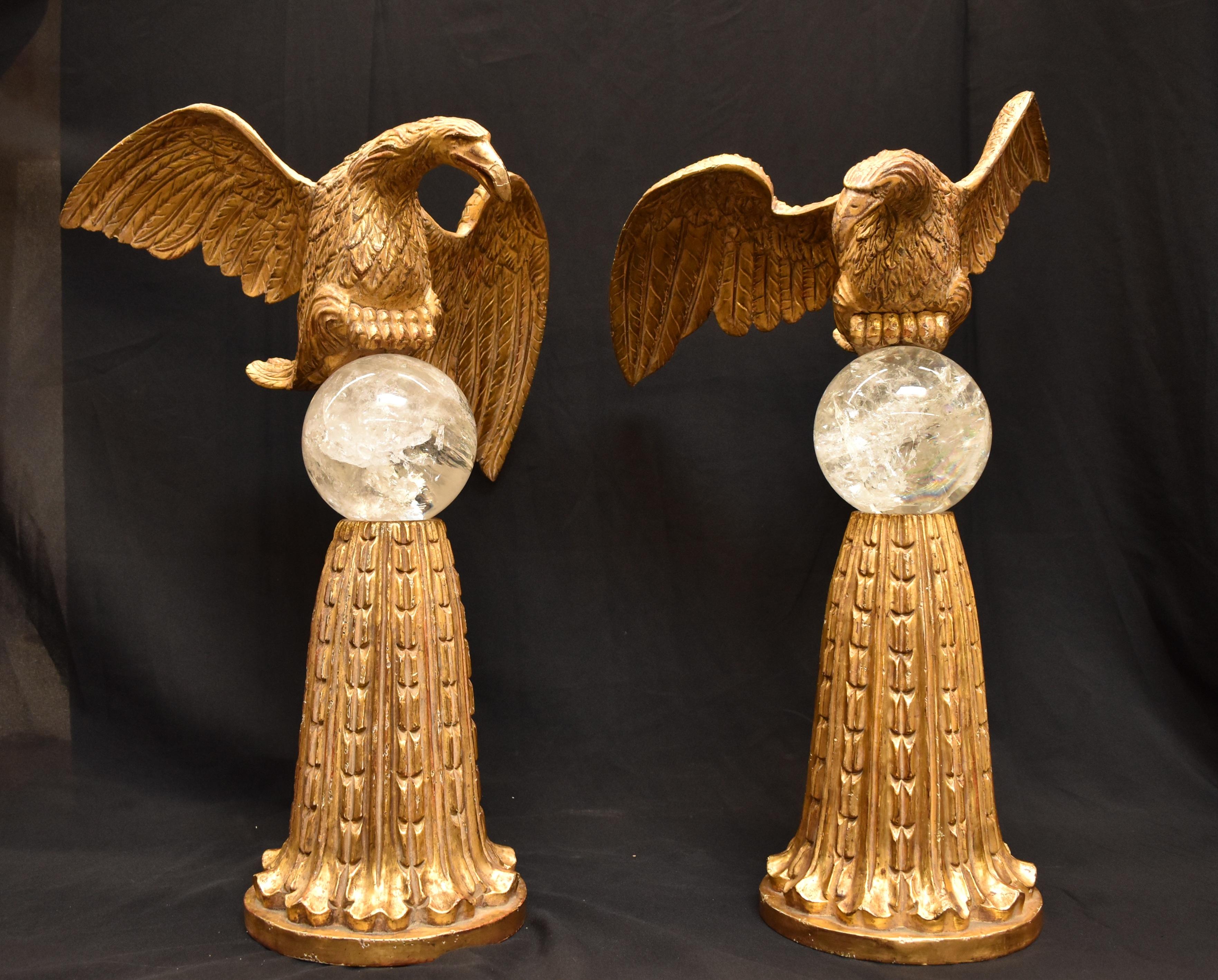 Hand-Carved Pair of Eagles on Rock Crystal Spheres For Sale