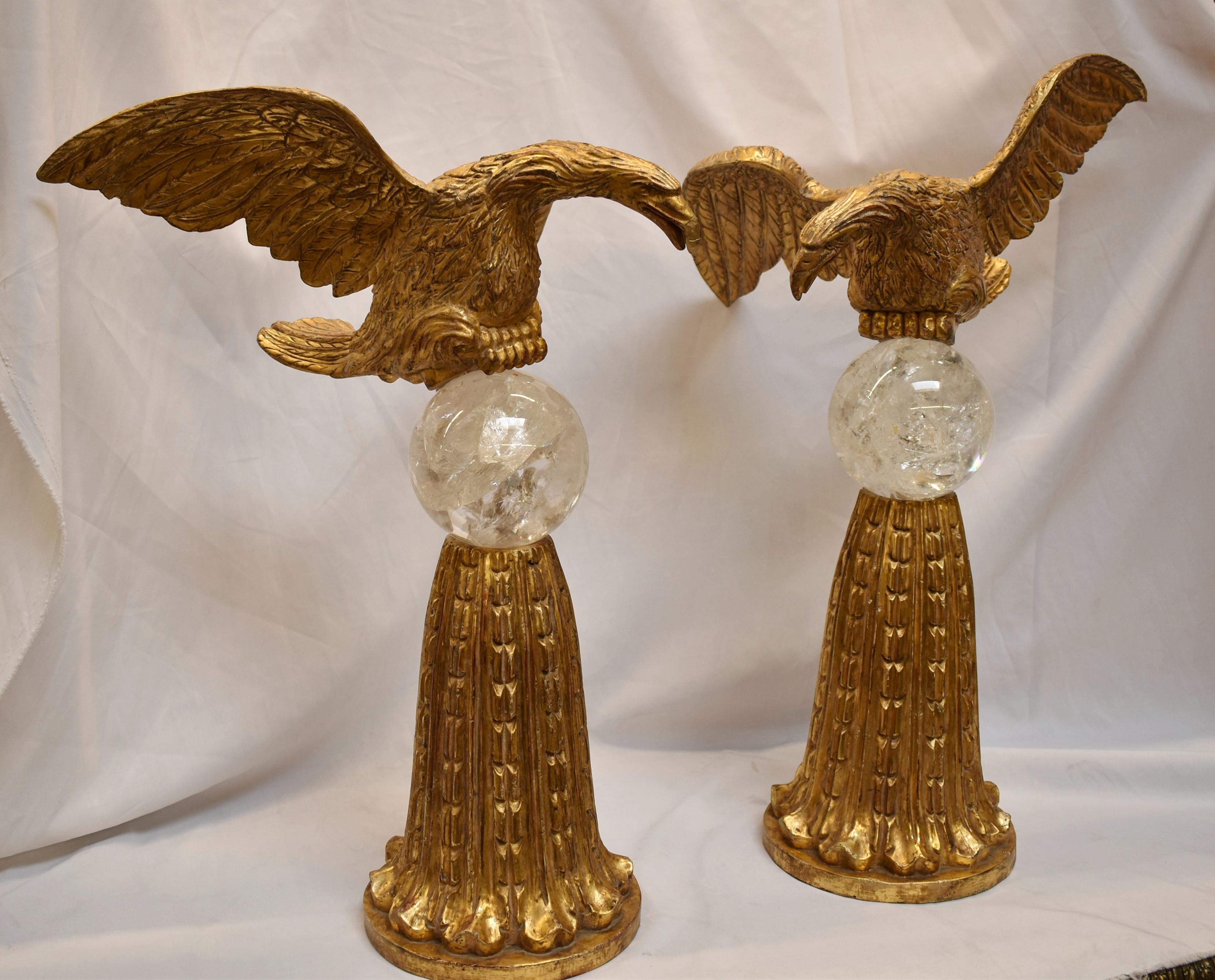 Pair of Eagles on Rock Crystal Spheres In Good Condition For Sale In Cypress, CA